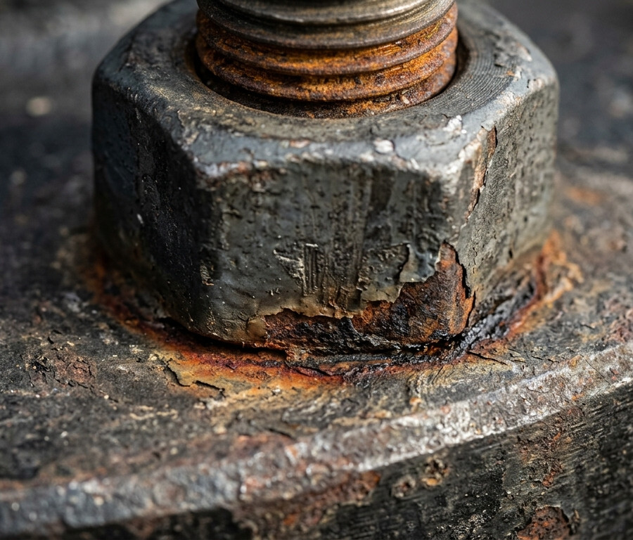 Crevice corrosion at the base of a hex nut on a carbon steel flange face, showing coating failure at the interior corner and rust staining at thread roots