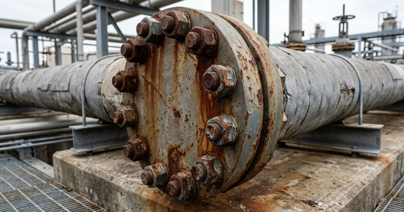 Corroded bolted pipe flange assembly showing rust staining and coating failure across the surface and bolted connections