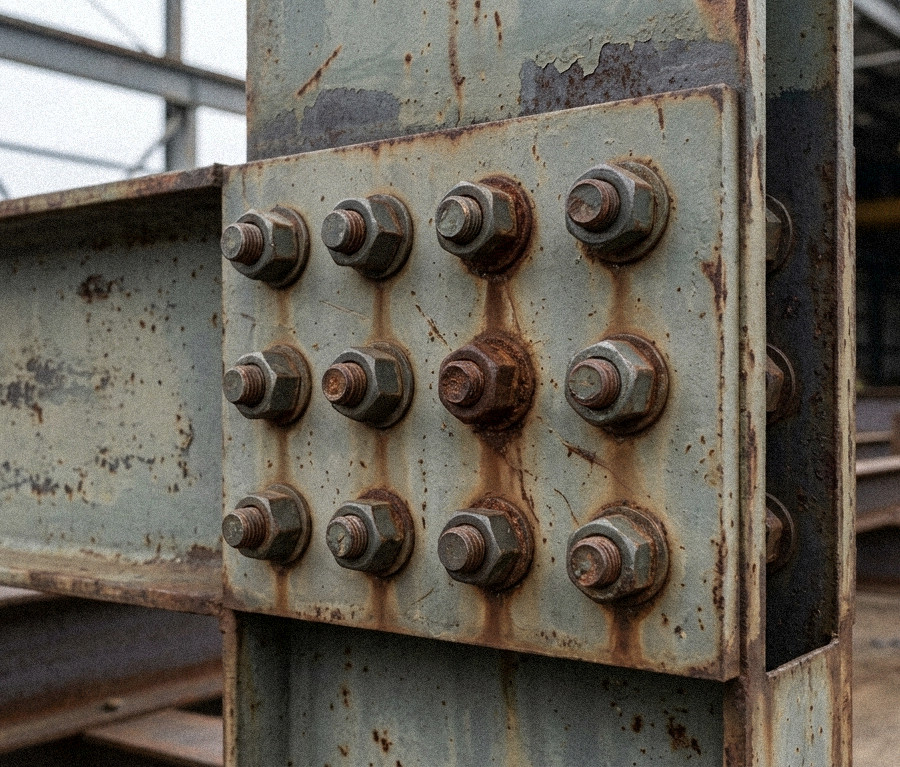 Weathered structural steel bolted connection showing surface rust and coating failure at bolt and nut assemblies