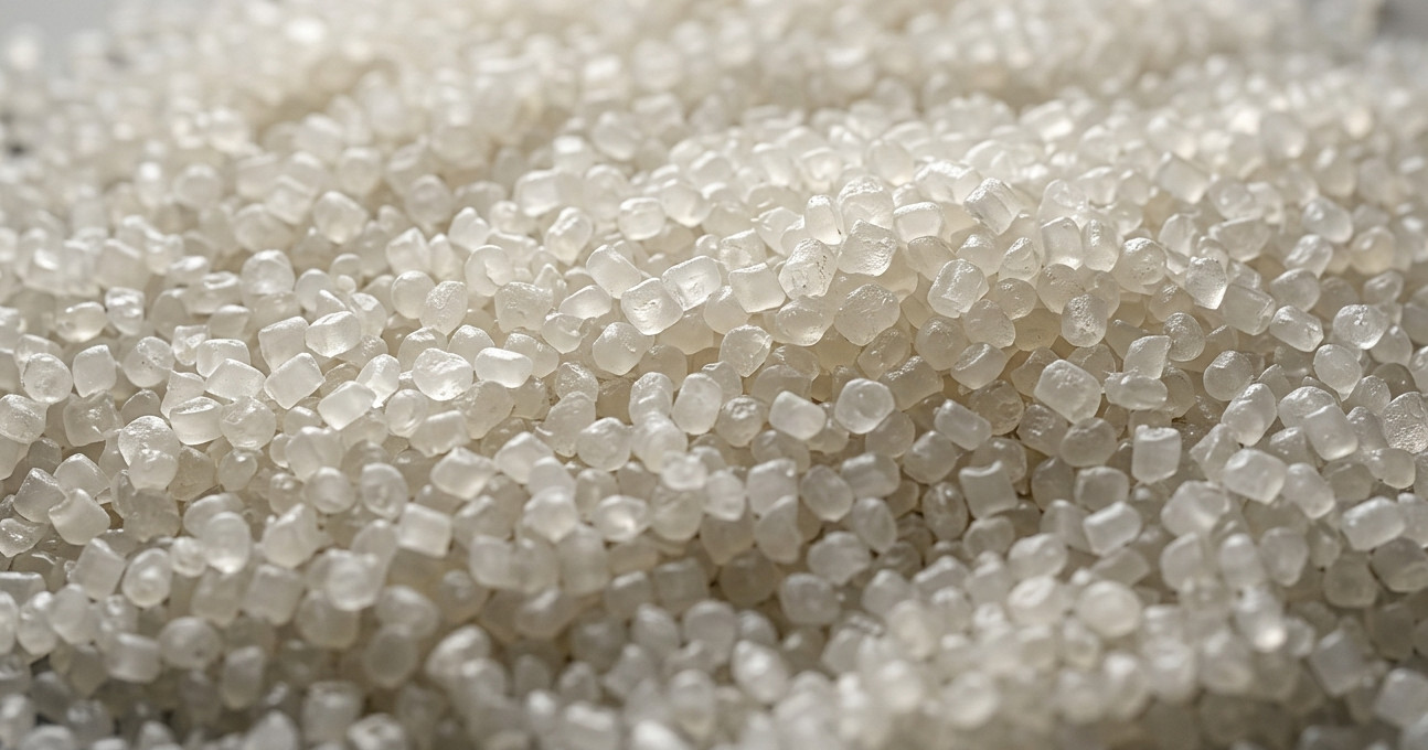 Natural HDPE polyethylene pellets, the raw feedstock material used in injection moulded industrial polymer components.