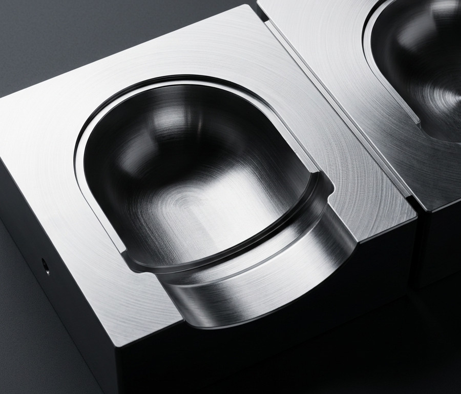 An open stainless steel injection mould tool showing a precision-machined cavity, illustrating the manufacturing process behind injection moulded polymer components.